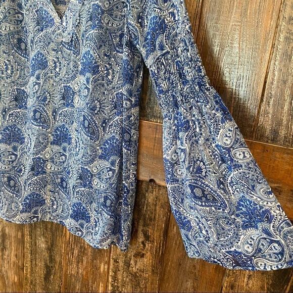 Michael Kors S Blue Gold Threaded Sheer BOHO Smocked Flared Sleeve Relaxed Top - Picture 7 of 8